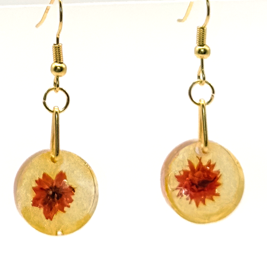 Gold glitter and red flower earrings