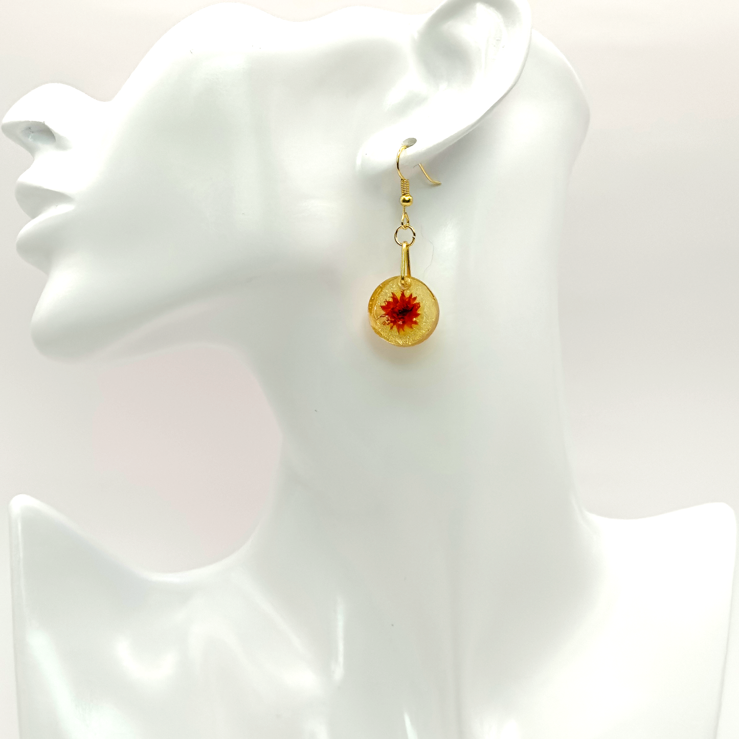 Gold glitter and red flower earrings